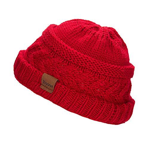 Rosoz Ponytail Beanies For Women (2-Pack) - Warm Cable Knit Winter Hat With Bun Hole, Black & Red Beige