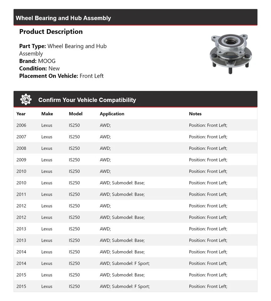 Conjunto de cojinete de rueda y buje delantero izquierdo MOOG para Lexus IS250 2006-2015 AWD Foto 2 de 4