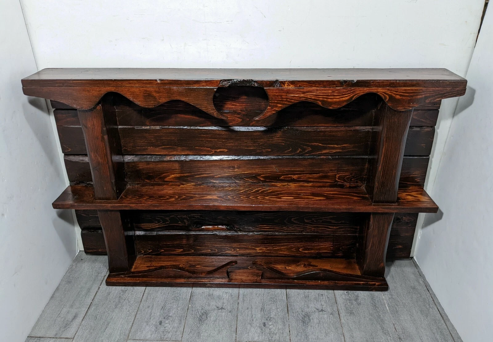 Vintage Rustic Farmhouse Country Carved Pine Wood 3-Tier Wall Display Shelf