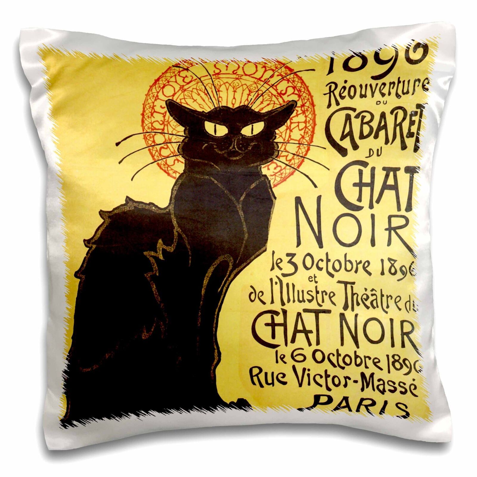 Vintage French Chat Noir Black Cat Art 16x16 Inch Pillow Case