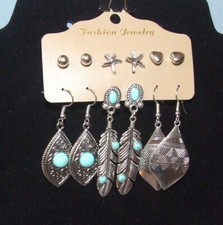 Set of Six Boho Multicolor Turquoise/Silver Stud/Drop Dangle Earrings - NIP
