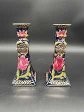 Vintage Bella Casa by Ganz Navy Blue Ceramic Flower Candlestick Lotus