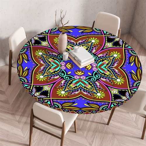 Elastic Edged Tablecloth Mandala Flower Table Cover Round Fitted Vinyl Cloth Art - Picture 6 of 20