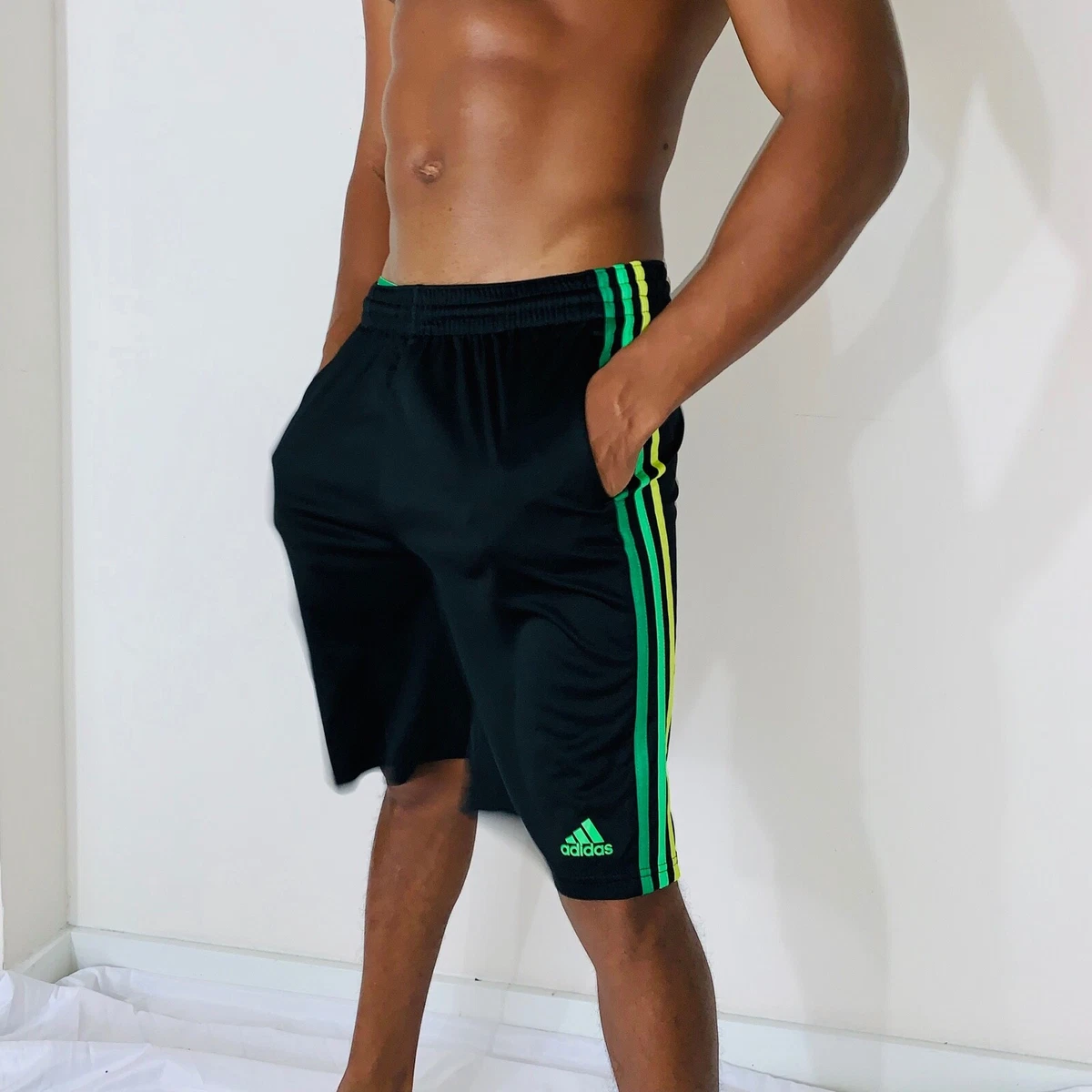 Adidas Soccer Shorts Black Green Yellow Vintage Silky Soft YL Mens Small