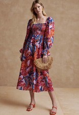 FARM RIO Colored Bananas Smocked Midi-Dress Tropical Resort Medium Cotton