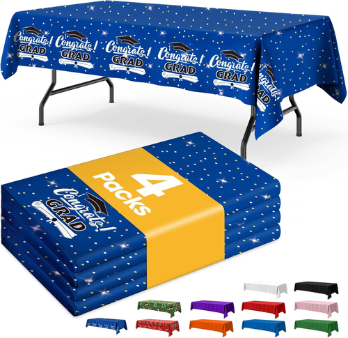 Graduation Blue Plastic Table Cloth Rectangle Table 4 Pack, 54''×108'' Tableclot
