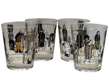 Set of 4 MCM Retro Lowball Rocks Cocktail Glasses Men Women Tailor Clothes Dog
