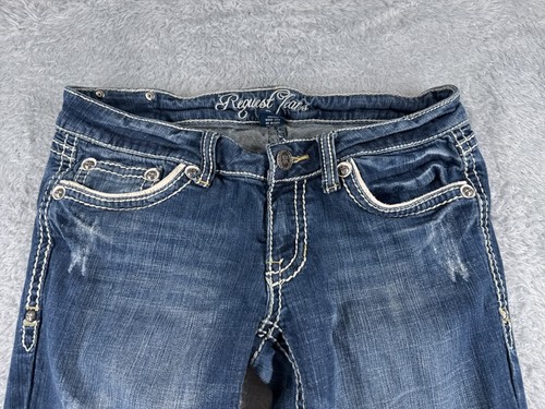 Request Jeans Pants Womens 11 Blue Denim Flared Distressed Embroidered 29x31 - Picture 4 of 15