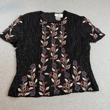 VTG Papell Boutique Evening Silk Beaded Blouse L Black Floral Sequin Top 90s Y2K