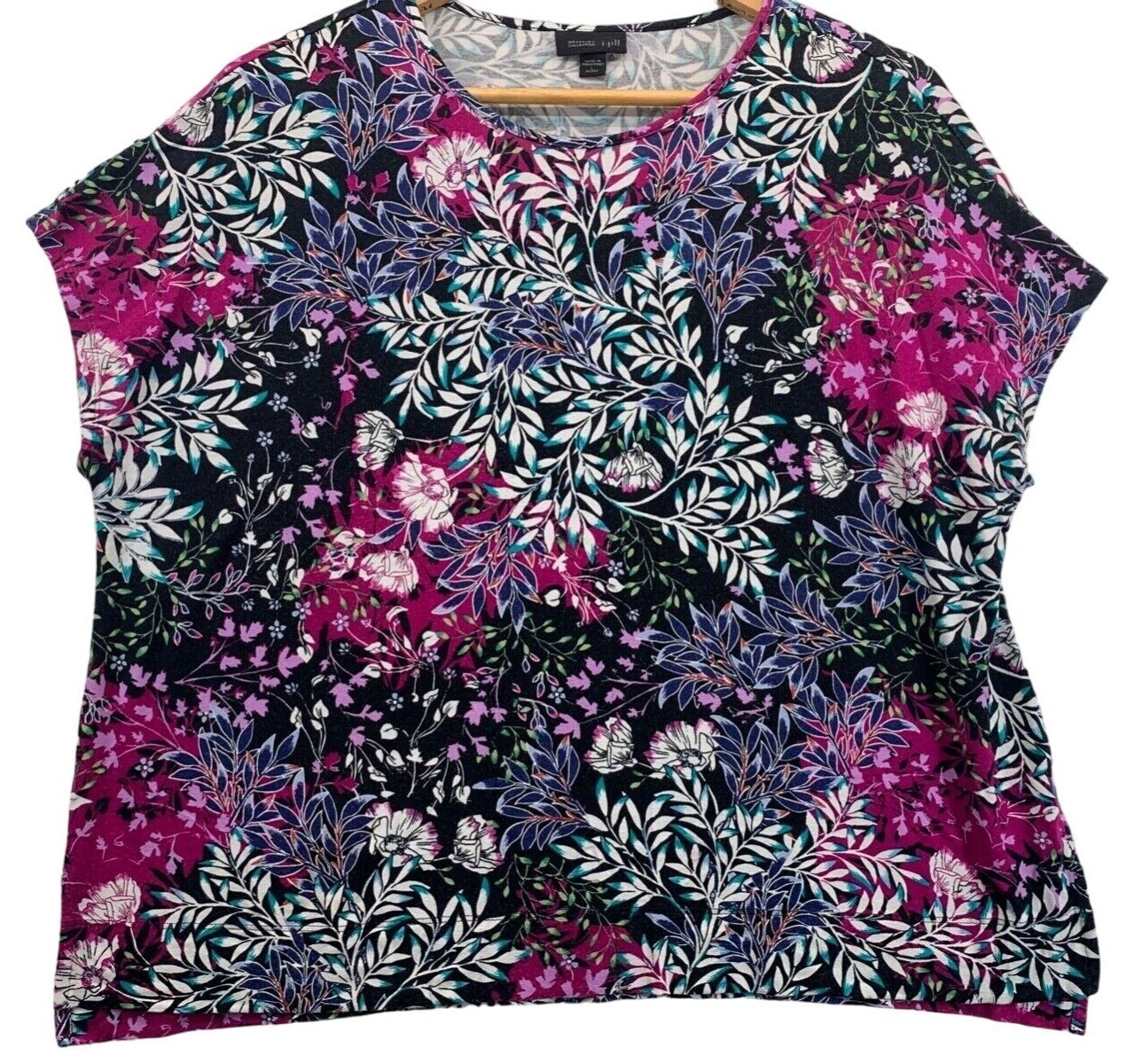 J.Jill Womens Top Sz L Petite Black/Pink Floral Wearever Collection Stretch Knit