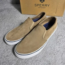 Sperry Top Sider Mens Tan Suede Perforated Slip On Sneakers Shoes Size 9.5