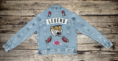 LTB Floral Denim Boyfriend Jacket w/ Patches Embroidered Womens Size Small Blue