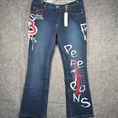 Vintage Y2K NWT Womens Pepe Jeans Graffiti Design Streetwear Jeans Size 38x32