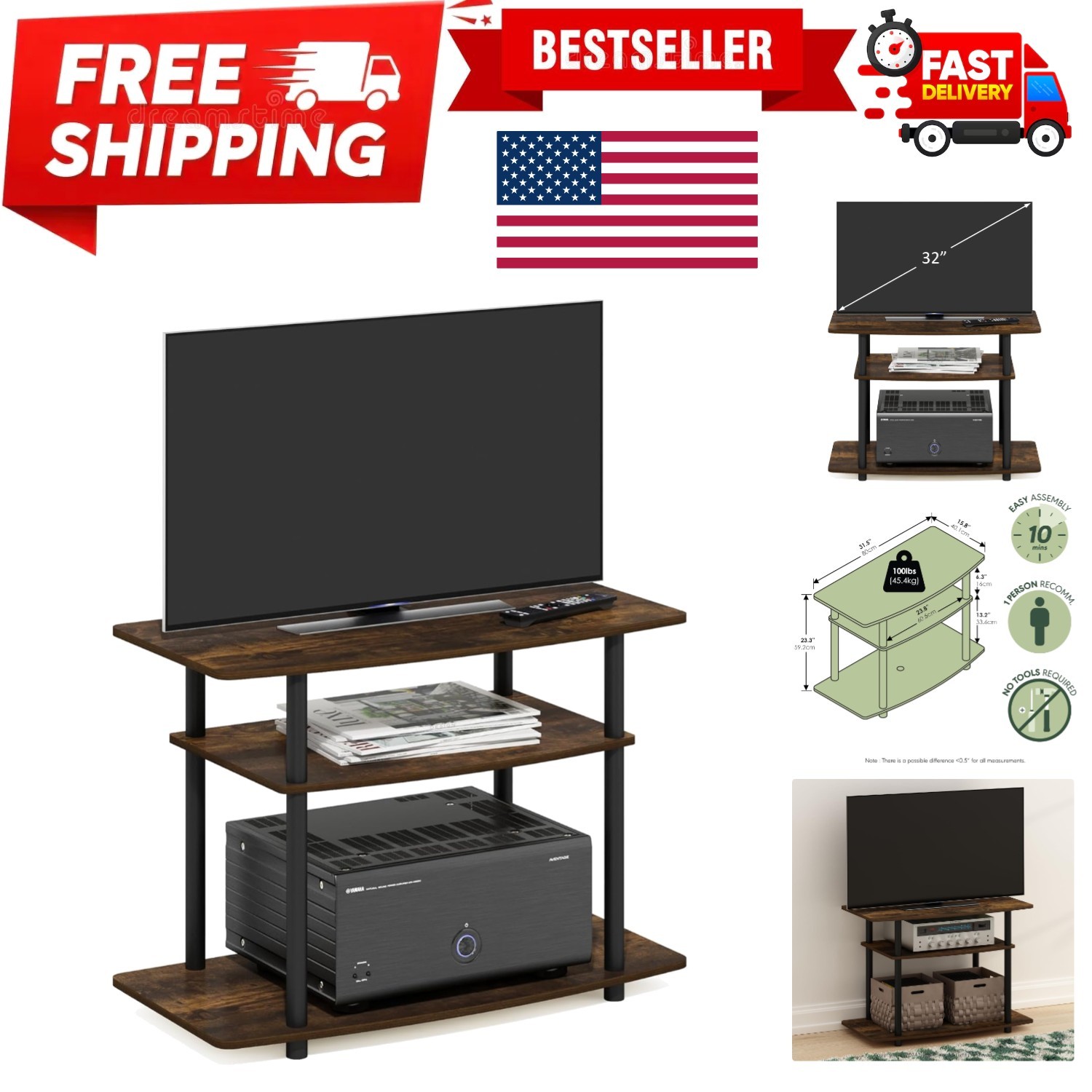 Turn-N-Tube TV Stand, 3-Tier No Tools Entertainment Center, TV Console for TV...