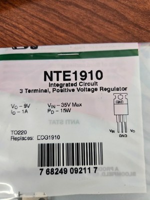 NTE1910 Integrated Circuit 3 Terminal, Positive Voltage Regulator