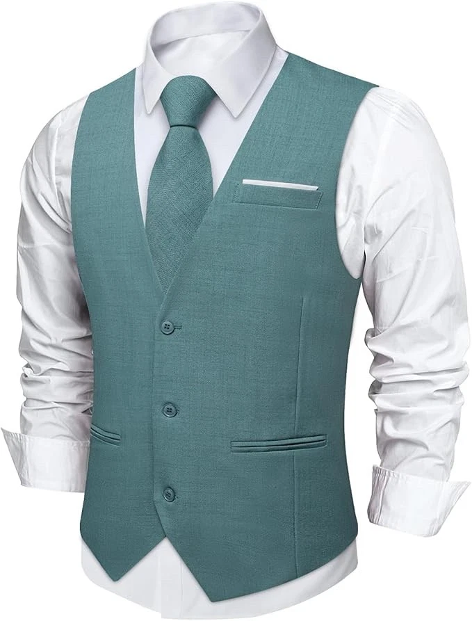 Mens Linen Suit Vest Casual Waistcoat and Necktie & Pre-tied Bowtie Set - Image 3 of 3