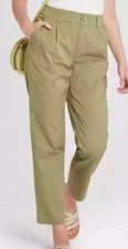 A New Day Womens Cropped Pants Green Parka Tan Pleated Front Pockets Stretch 6