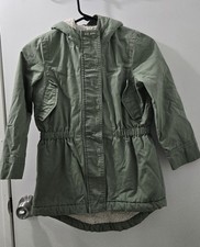 Gap Kids Green Parka Jacket S Hooded Faux Fur Lined Insulated Cotton Canvas