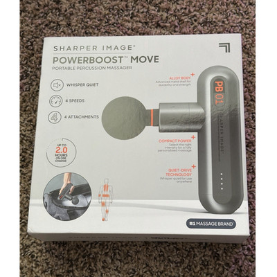 Sharper Image Powerboost Move PB01 Percussion Massage Gun 4 Heads 4 Speeds Gray