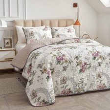 3 Pieces Quilt Set King Size Beige Floral Reversible Bedspread Coverlet Set Soft