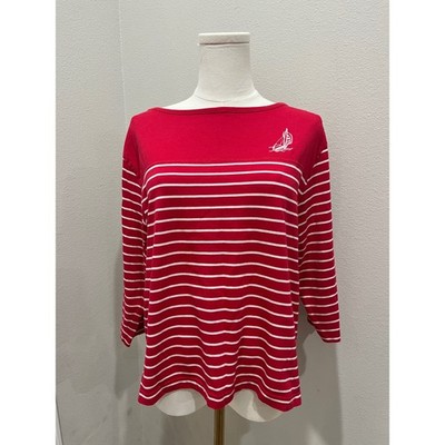 Erika Petite Red White Striped Boat Neck Sailboat Graphic 3/4 Sleeve Top PXL