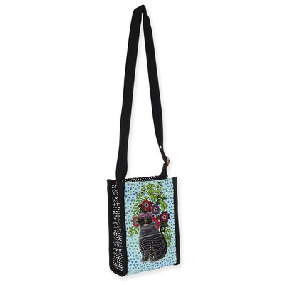 Laurel Burch Black Kitty Noir In Blossoms Neoprene Crossbody, 4.75 x 2 x 6.5''
