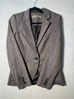 Zara Basic Blazer Womens Small Brown Tweed Career Jacket Fitted