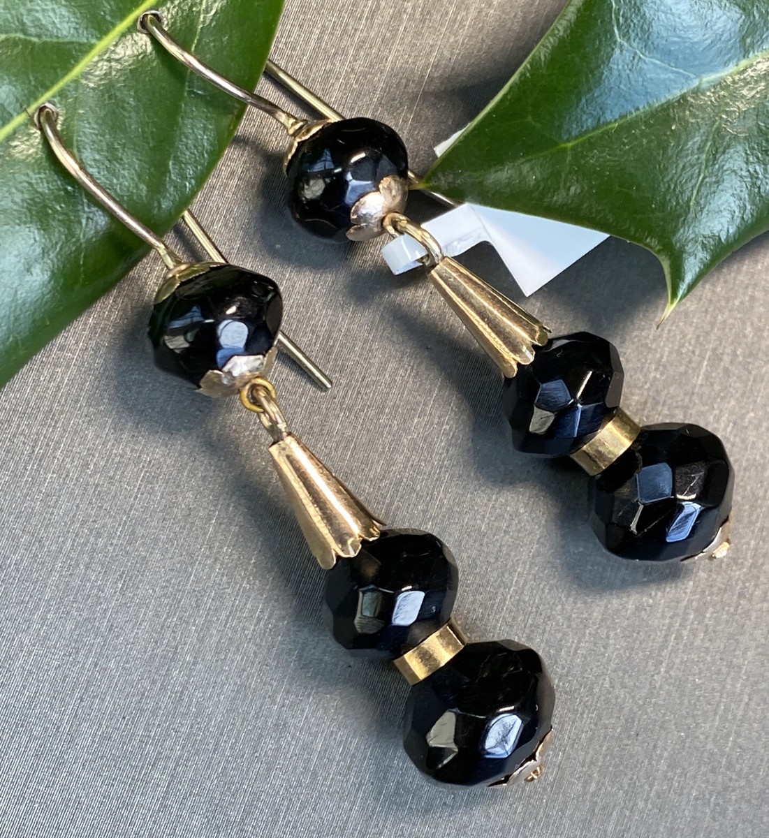 Antique Victorian Vintage Earrings Estate Fine Jewelry Pre-Owned Gold Black  Bead