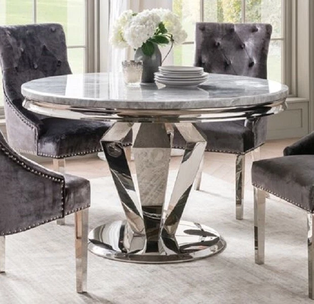 Round Grey Marble Dining Table 4 Dining Chairs Dia130cm x H75cm ARTISAN