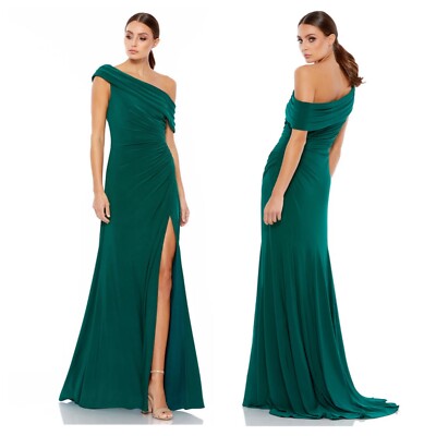 MAC DUGGAL 12231 Emerald Green Beaded Cuff Drop Shoulder Faux Wrap Gown Size 14