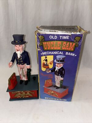 Vintage Uncle Sam Decoration Mechanical Bank Patriotic Hard Plastic Hong Kong