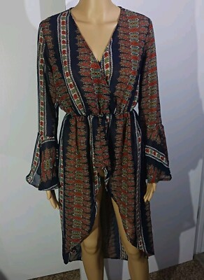 Robe Women's Small India Print Brown Black Coverup THREAD STORY