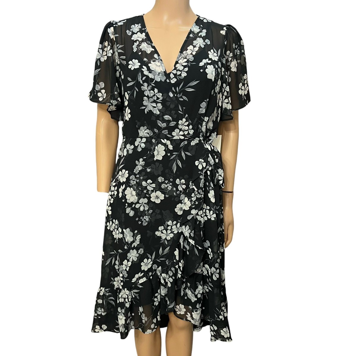 Calvin Klein Floral Faux Wrap Dress Size 4 Chiffon Flutter Sleeve Preppy  Classic | eBay