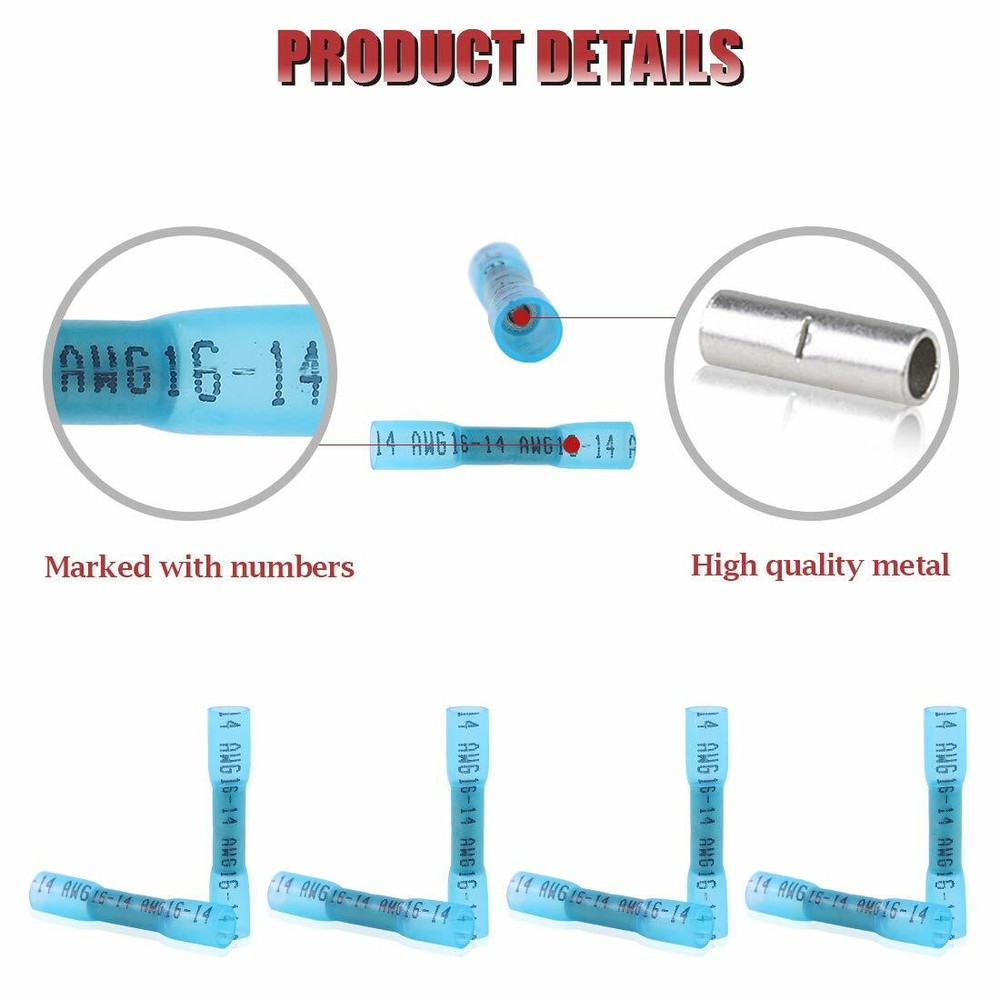 1000pcs Blue AWG Heat Shrink Butt Wire Connectors Crimp Terminals 14-16 Gauge US