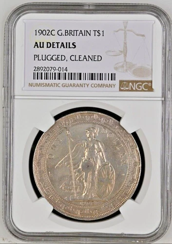 1902-C GREAT BRITAIN Trade Dollar Silver Coin Calcutta Mint NGC AU-Details 