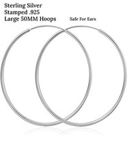 Large 50MM Sterling Silver 925 Endless Hoop Earrings Lead And Nickel Free