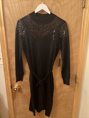 Vince Camuto Long Sleeve Sequin Knit Dress Black Size L New | eBay