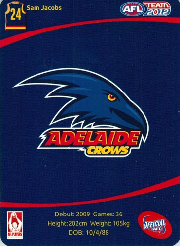 2012 ADELAIDE CROWS AFL Card SAM JACOBS - Picture 2 of 3