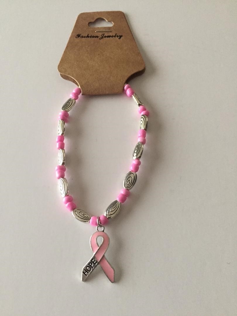 Pink Ribbon Hope With 6mm Beads Bracelet Stretchable