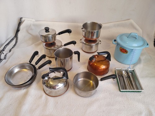 REVERE WARE COPPER CLAD MINI TOY COOKWARE, AMSCO POT & GERMAN SILVERWARE 29 PCS