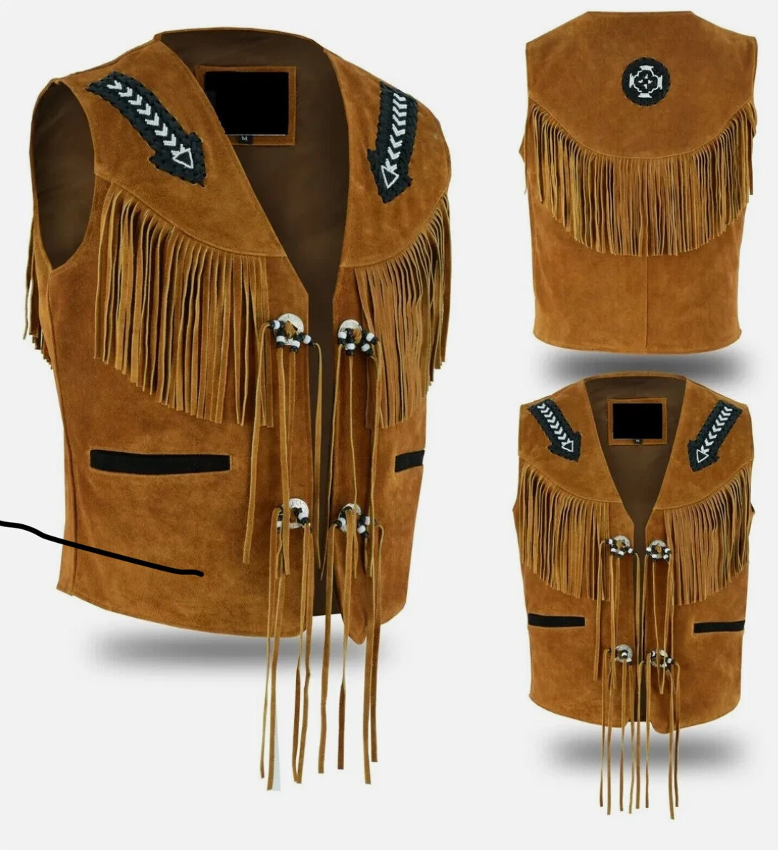 Men's Western Cowboy Style Suede Leather Fringed & Beaded Leather Vest