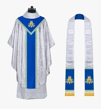 White Gothic Chasuble Vestment with Marian Embroidery motif and Matching Stole