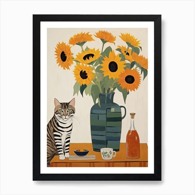 Sonnenblumen Blumenvase und eine Katze, ein gerahmtes Wandbild Poster Leinwanddruck Bild