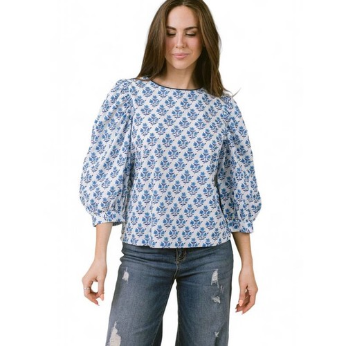 LAROQUE Darby Blue 3/4 Sleeve Cotton Top in Blue Bouquet 3/4 sleeve Medium M NEW - Picture 2 of 5
