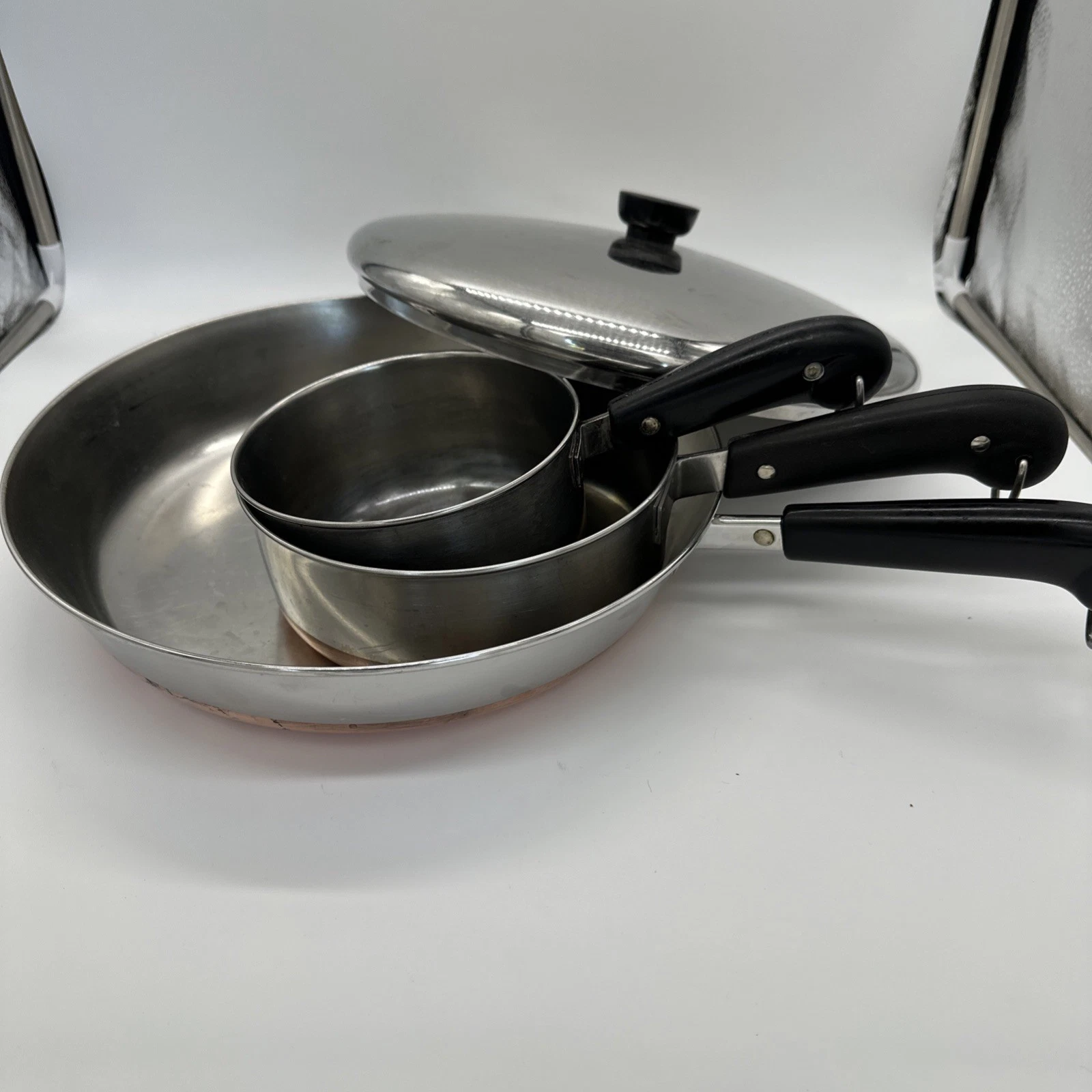 REVERE WARE 1801 3 Pcs. 12” Large Skillet, 1.5qt, 1qt Copper Bottom W/Lid