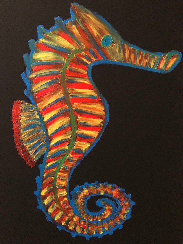 Finger Painted Painting Oil Original Hand Sea Horse Ocean Fish Aquarium No Brush