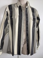 VTG 90s WRANGLER BrushPopper Men  s 16 1/2 35 Black Gray Striped Button Up Shirt