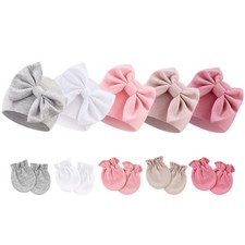 BQUBO Newborn Baby Girls Hats Mittens Set Hospital Hat Beanie Infant Bow Hats Ba