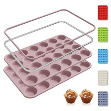 2 Pack 24 Cups Mini Muffin Pan with Metal Reinforced Frame Silicone Molds Cak...
