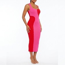 Naked Wardrobe Pink Red Colorblock Ribbed Midi Dress XS Racerback Bodycon